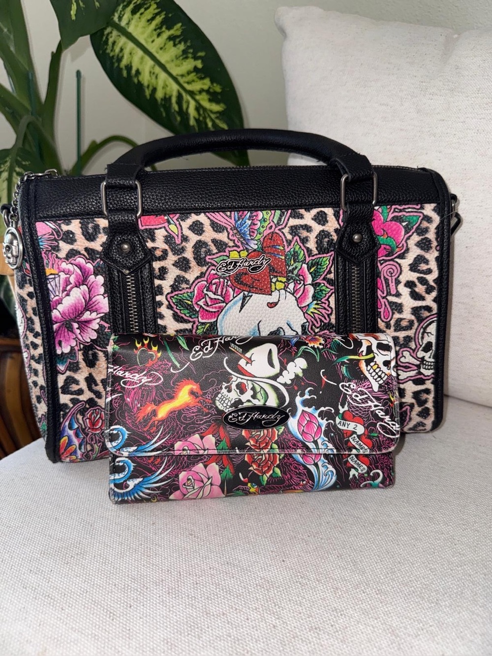 Ed Hardy Cheetah Skull Print Whimsigoth Multicolor Satchel Crossbody Bag Wallet